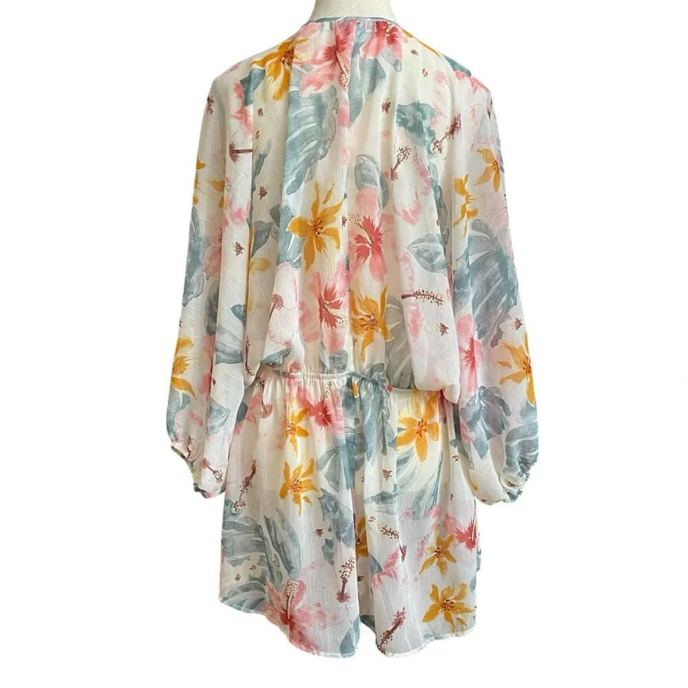 Sweet Rain Floral Chiffon Tunic L Boho Beach Cover-Up V-Neck Drawstring Waist